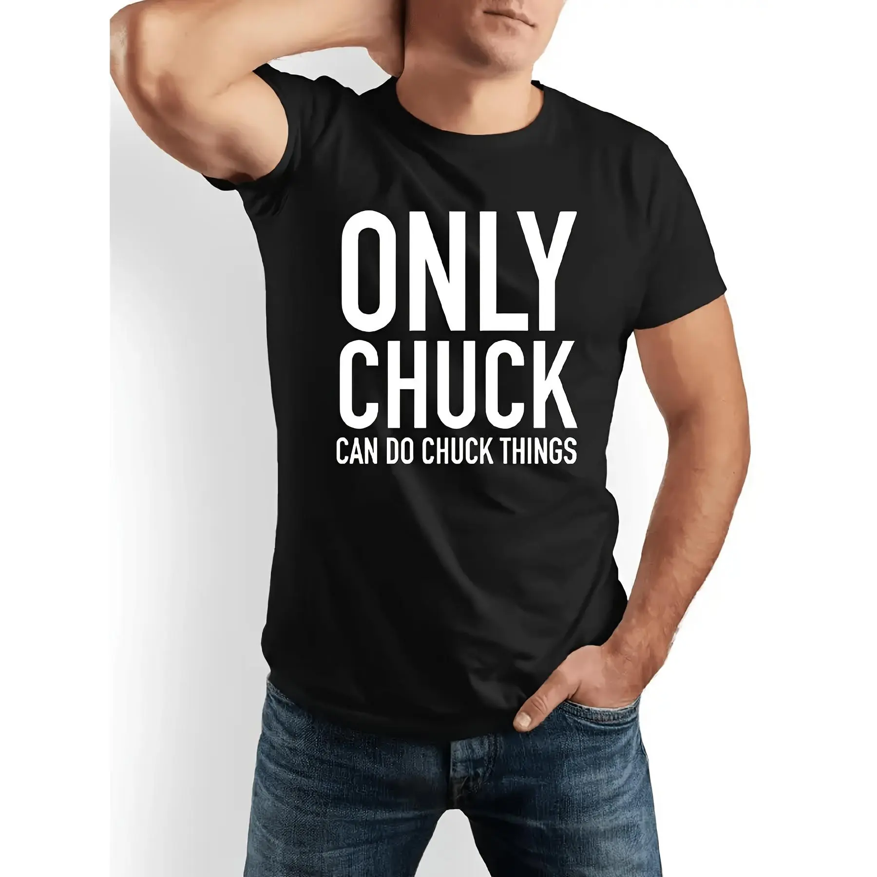 Men's "Only Chuck Can Do Chuck Things" Graphic T-Shirt - Casual Short Sleeve Round Neck Tee with Iconic Chuck Print, Machine Washable Suitable for 2026 Summer Outdoor Streetwear & Casual Attire, Casual Apparel