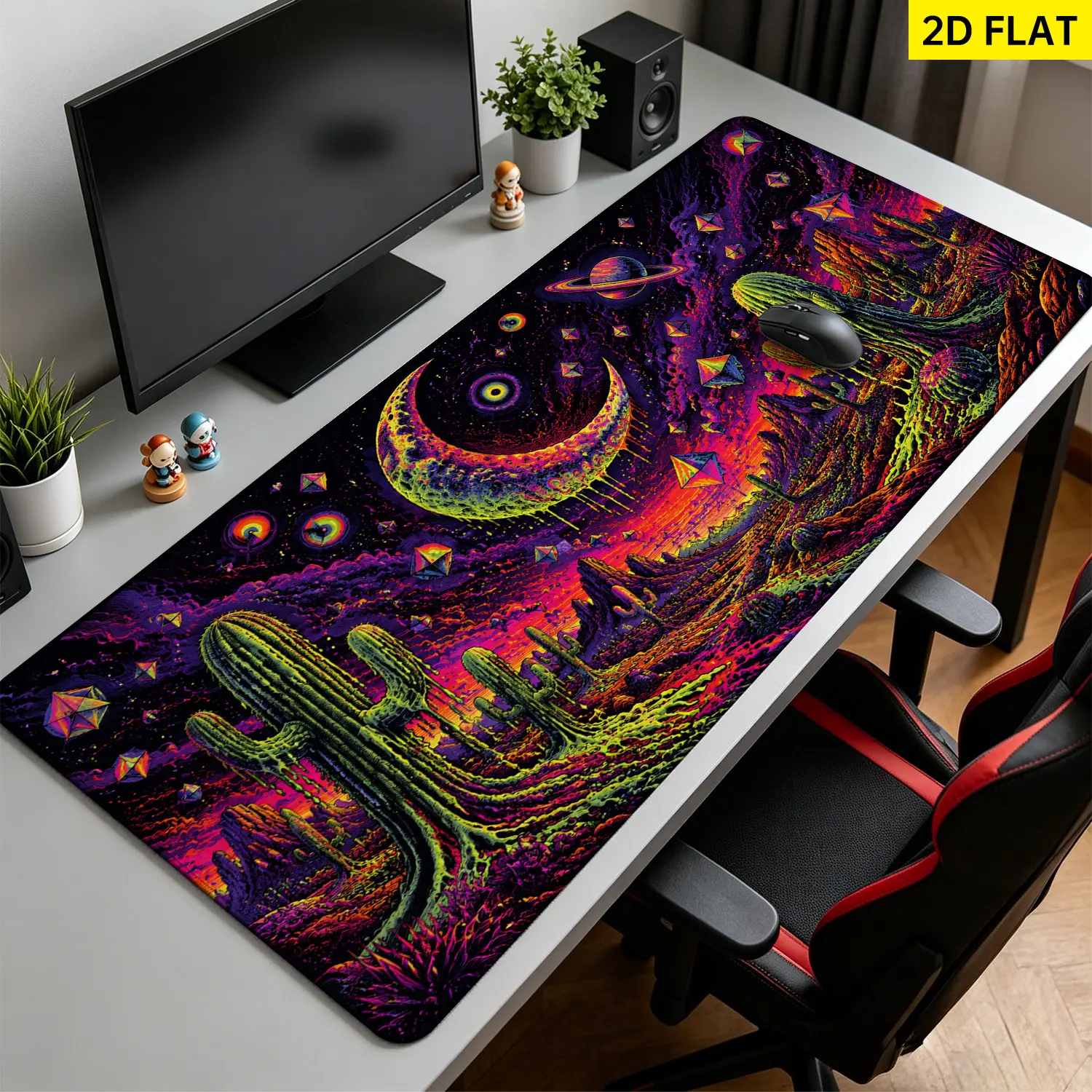 Extra Large neon desert moon cactus Mouse Pad,Non Slip Rubber Pad,Desktop Decoration Drotection Pad,Washable,Lock Edge Multi Size,Premium Multipurpose Mousepad For Gaming Room,Study Desk,Gift for Family and Friends
