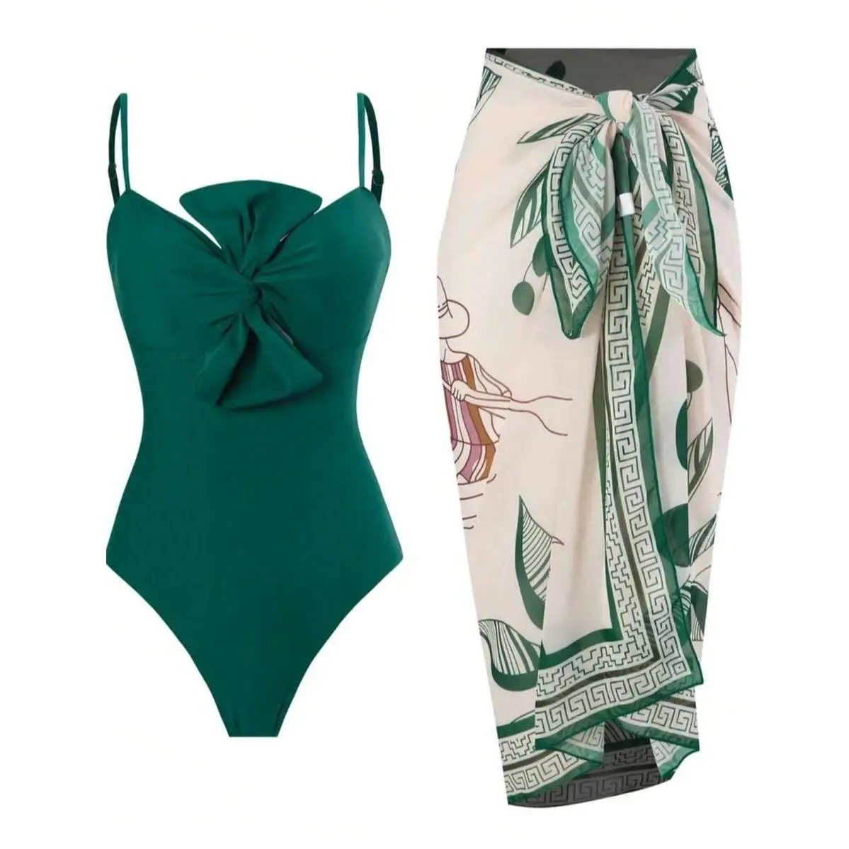 Solid Dark Green Front Bow Decor One Piece Swimsuit With Matching Greek Key Print Tie Waist Wrap Beach Sarong Skirt 2 Piece Set