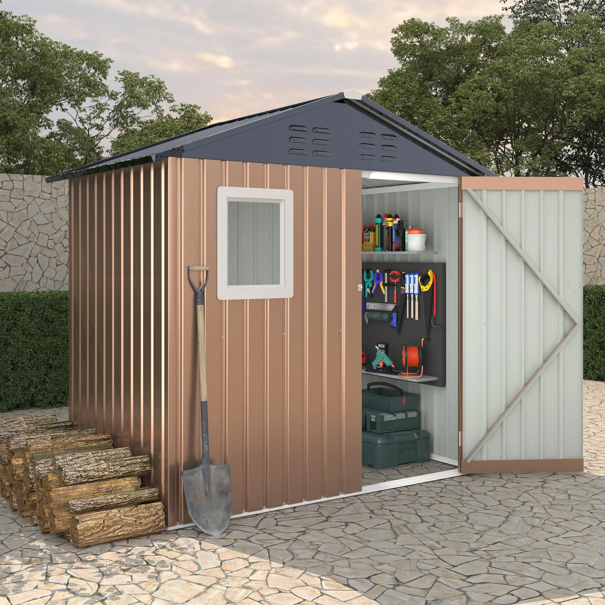 6 x 4 ft Galvanized Metal Outdoor Storage Shed with Window, Lockable Door, Air Vents, and Sloped Roof for Backyard Use