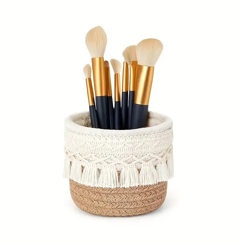 Round Woven Desktop Storage Basket – Makeup Brush & Cosmetics Organizer, Decorative Boho Catchall for Vanity, Desk & Bedroom, Multipurpose Desk Storage Container, Weaving Home Storage