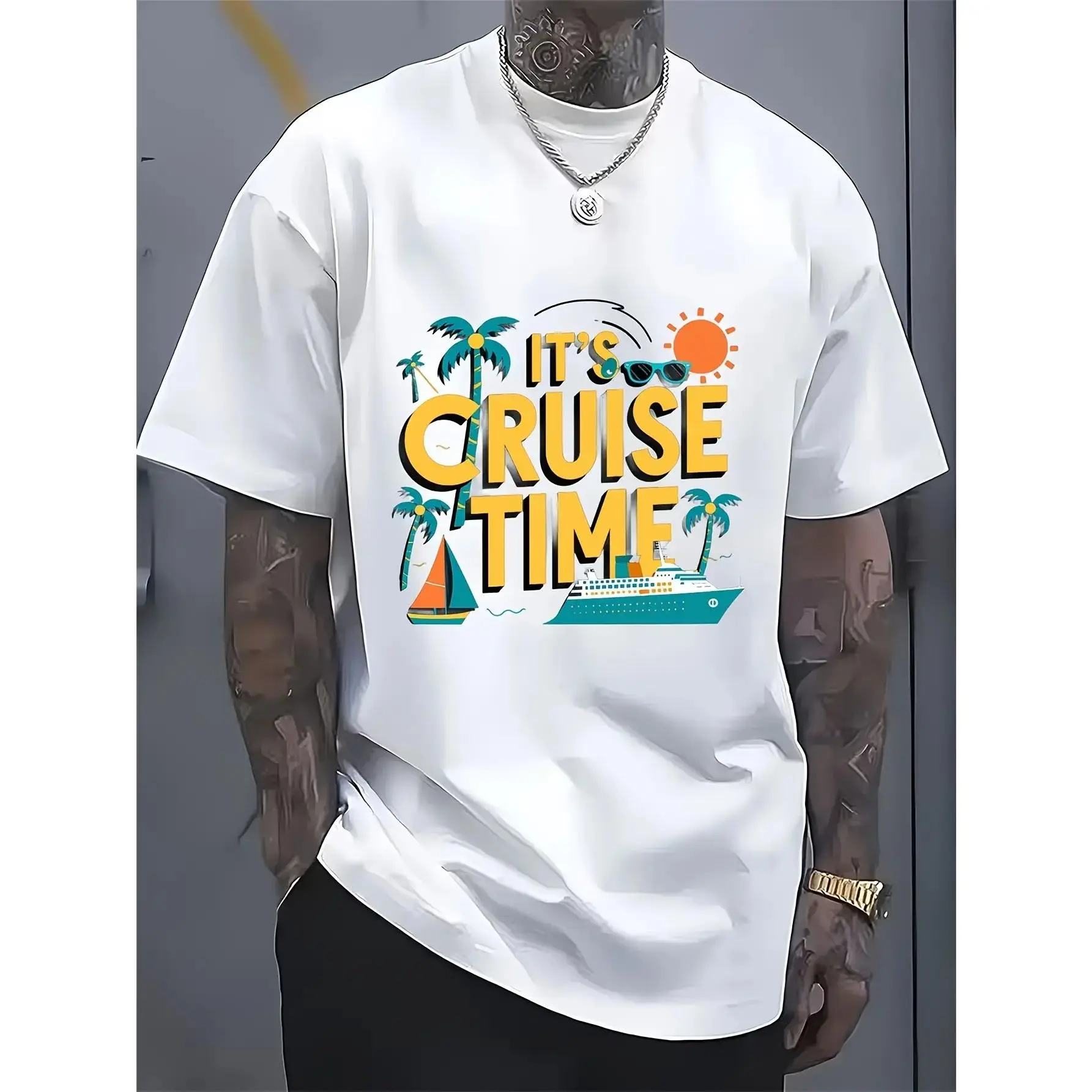Men's Casual Crewneck Short Sleeve Tropical Print "It's Cruise Time" Vacation Sports Top