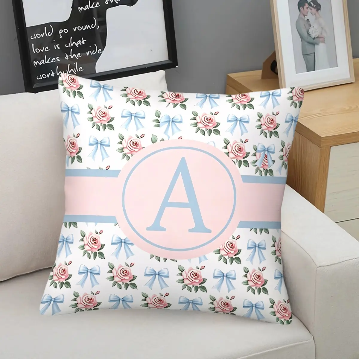 Initial A-Z Floral  Blue Bow Throw Pillow, Elegant Pink Rose Cushion Accent Pillow, Includes Pillow Core, Soft Decorative Pillows for Sofa Couch Bedroom Dorm, Sweet Romantic Gift for Women Girls Teens, Comfy Cushions