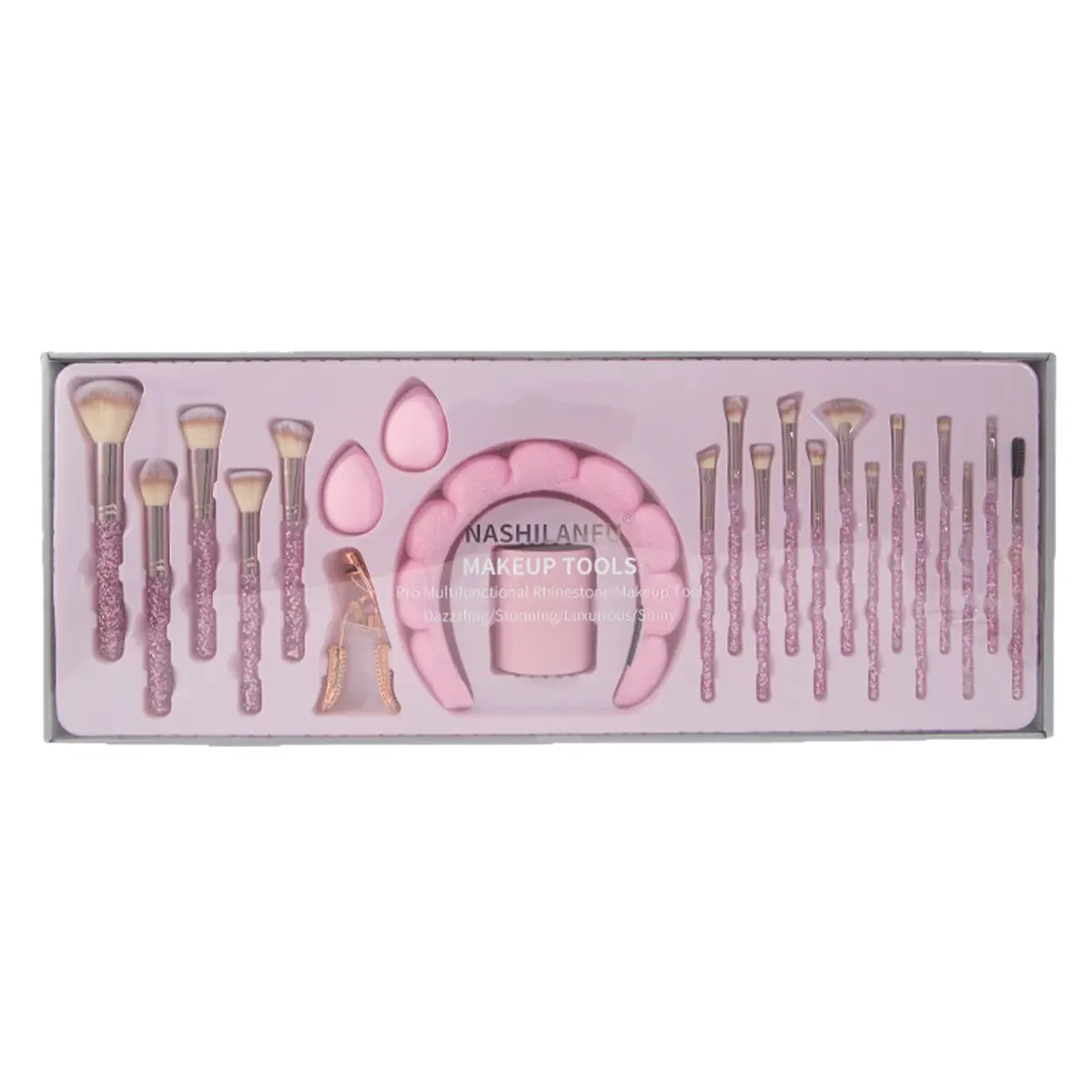 Diamond Handle Makeup Brush Set, 23-Piece Gift Set for Face Cosmetics with Headband & Eyelash Curler for Adults, Includes Curler, Artificial Fiber, Set Pack # clean pad # home beauty tool # non-flammable liquid
