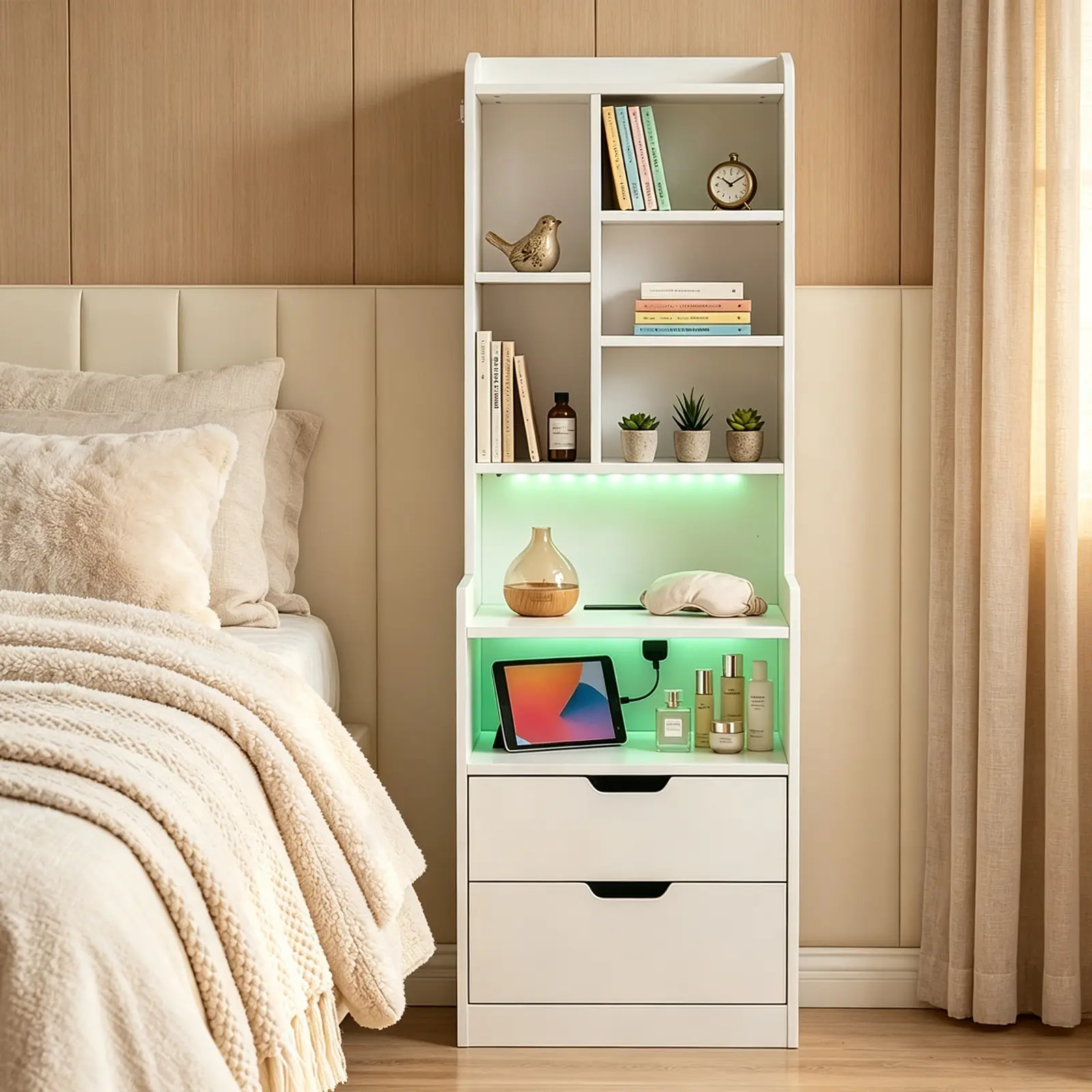 Tall Bedside Table with Charging Station (1 USB, 1 Type-C, 2 Outlets) - 50" White Storage Cabinet with 2 Drawers & 6-Tier Shelves, P2 Particleboard Nightstand