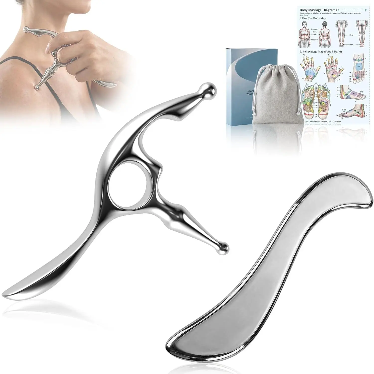 Trigger Point Massage Tool & Muscle Scraper Tool, Stainless Steel Body Gua Sha Tool for Deep Tissue Pain Relief & Fascia Release, with Travel Pouch & Guide (2-Piece Kit)