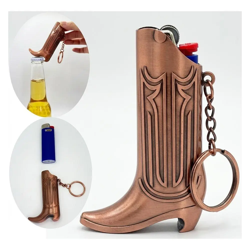 Cowboy Boot Lighter Case and Bottle Opener Keychain Ring, Silver, Antique Copper Vintage Style (Antique Copper)