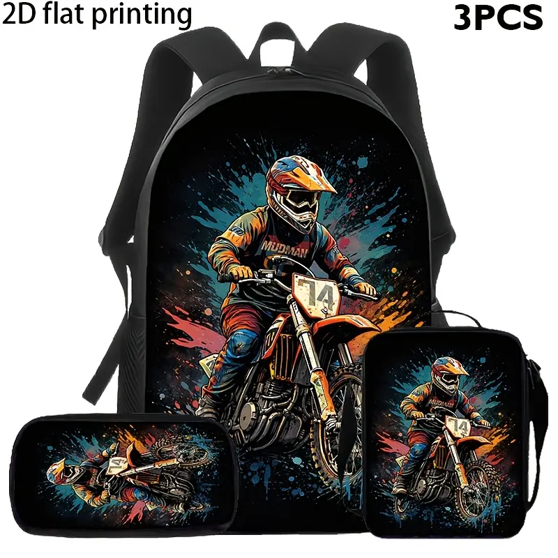Motocross Rider 3-Piece Polyester Backpack Set - Dirt Bike School Bookbag with Matching Lunch Bag, Pencil Case, Adjustable Straps, Artwork & Tracks Design for Teens, MX Gift for Outings, Travel
