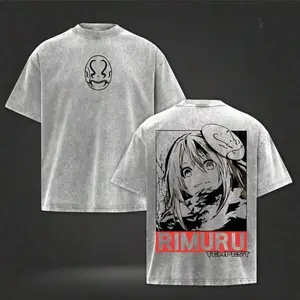 Monochrome Manga Anime Vintage Washed T-Shirt Minimal Slime Rimuru Circle Logo Chest Grunge Panel Rimuru Tempest Character Red Name Text Back Casual Short Sleeve