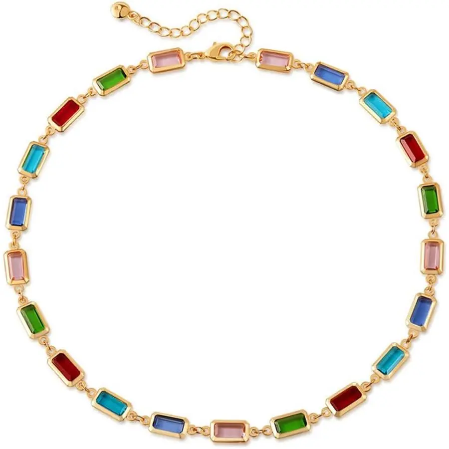 Dainty Colorful Glass Beaded -Tone Choker Necklaces for Women Trendy Rectangular Clavicle Chain Adjustable Multicolor   Rainbow Bead Link Boho Y2k Statement  Party Prom