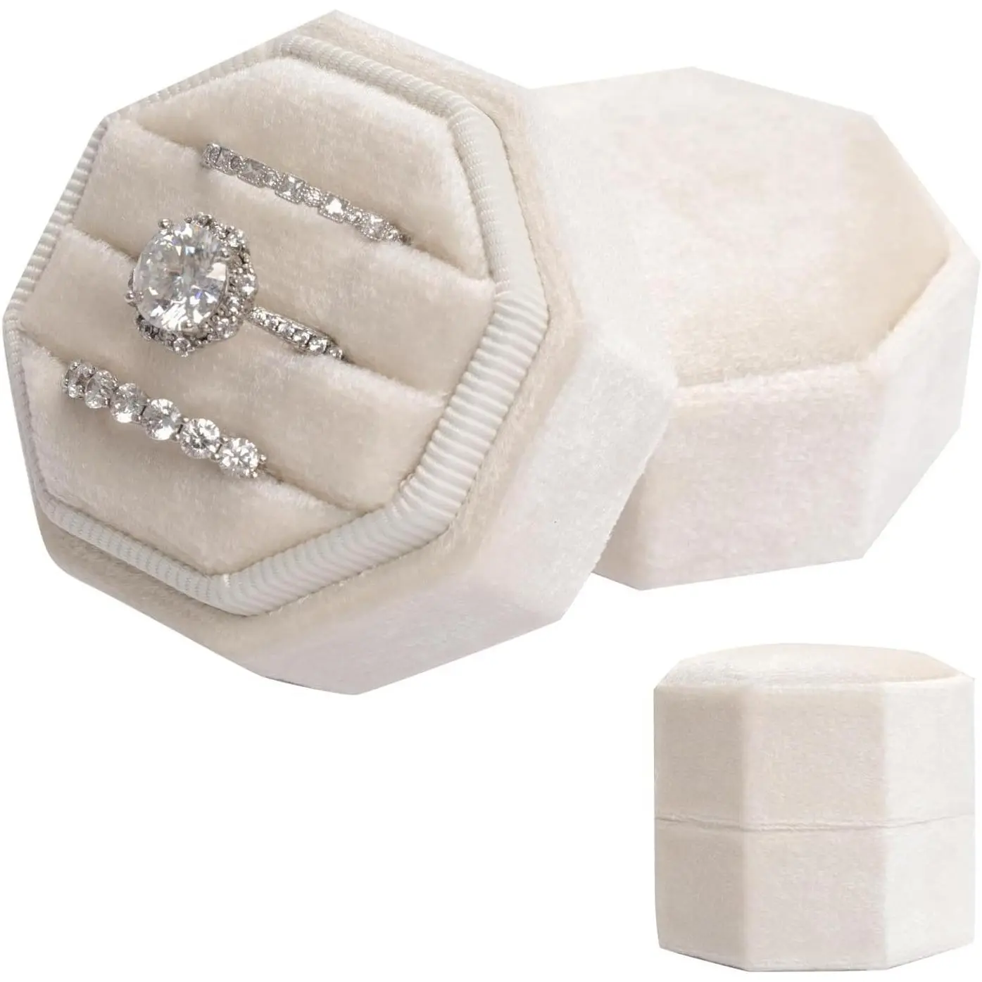 Velvet 3-Slot Vintage Octagon Jewelry Ring Display Box with Detachable Lid - Premium Gift Case for Wedding Engagement Proposal Keepsake Ceremony (Beige)Gift