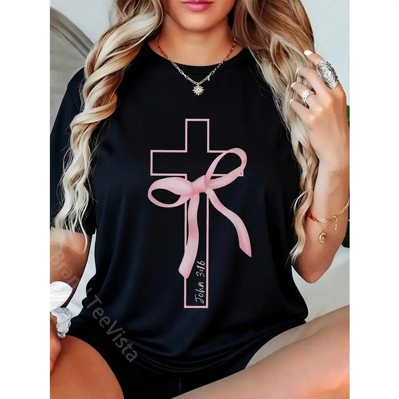 100%25 Cotton Coquette Christian Pink Bow Cross John 3:16 Bible Verse T-Shirt,Unisex Crewneck T-shirt for Men And Women