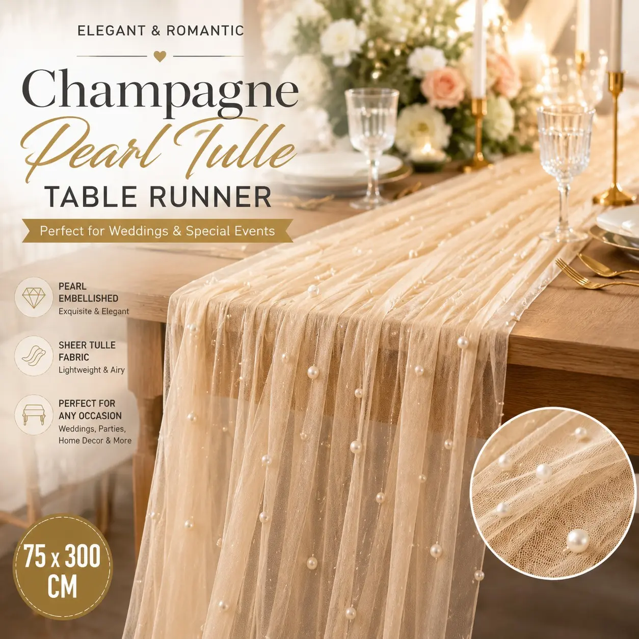 Champagne Pearl Sheer Embellished Tulle Fabric: Elegant Table Runner & Wall Backdrop, Wall Decoration for Wedding Decor, Bridal Shower, Wedding Parties, Tablescapes, Aesthetic Home Party & Holiday Events