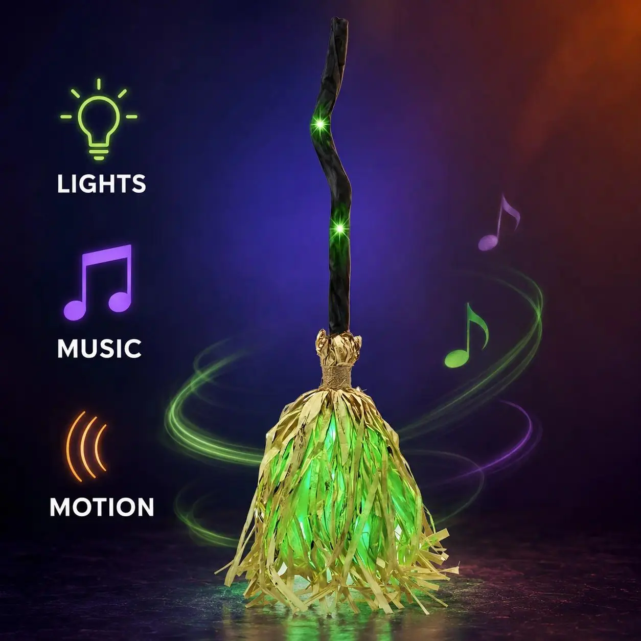 Halloween Animated Witch Broom Glowing Musical Prop Exclusive Design Motion Sensor Festival Party Decoration