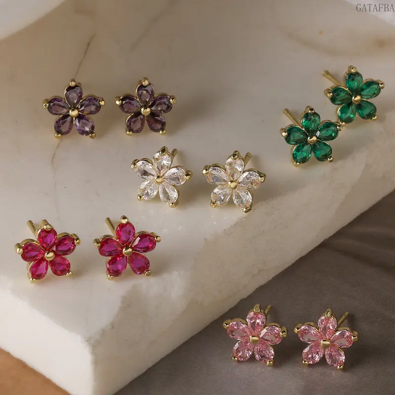 Exquisite Versatile Copper 18K Gold Plated Zircon Flower Stud Earrings, Elegant Minimalist Ear Jewelry for Women