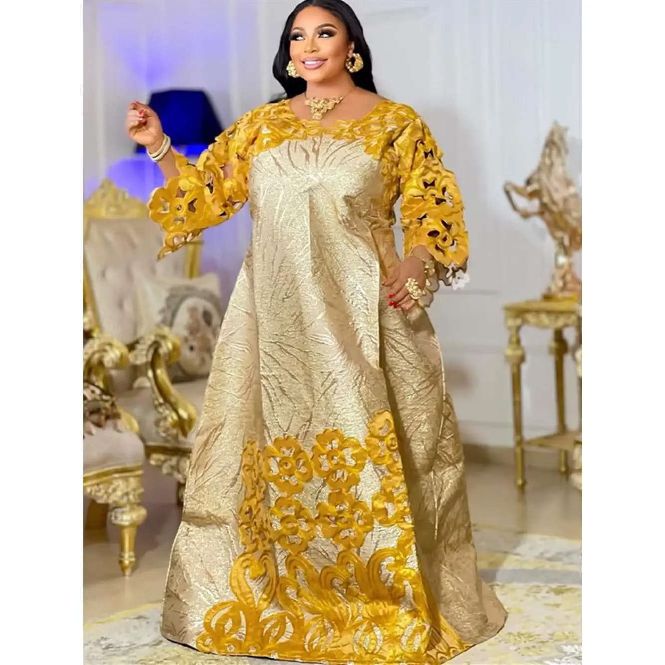 Women's African Kaftan Maxi Dress, Elegant Traditional Dashiki with Plant Print, Long Sleeve Spring Gown, Traditional Africa Clothing, Plus Size Fashion, Plants, Maxi Length, Long Dress, Commute Wear, Xxxl, 4Xl, No, Kaftan Style, Ethnic Print Kaftan