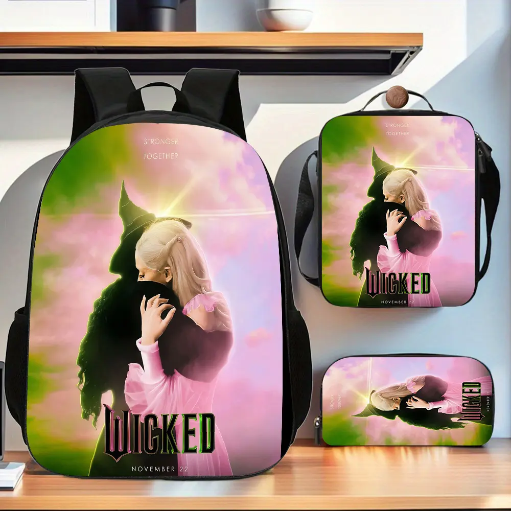 <Magic Wicked Witch> is a three-piece school bag set featuring a pink and green gradient fantasy silhouette background, including a backpack, insulated lunch bag, and pencil case, suitable for daily use by teenagers