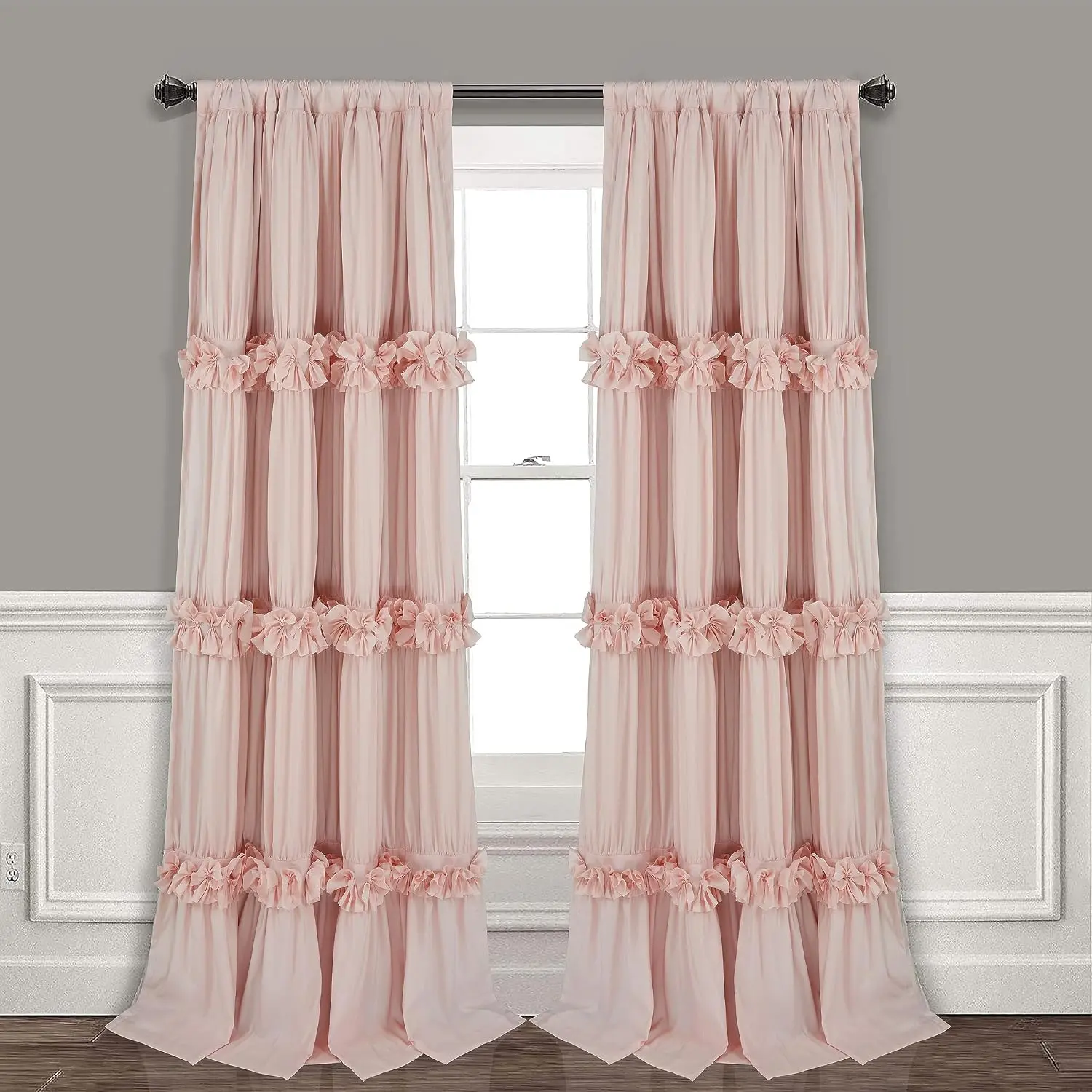 Blackout Curtains - 2 Peach Pink Thermal Insulated Panels (54" W x 84" L), Boho Ruched Rod Pocket Drapes with 3 Rows of Butterfly Flowers, Rustic Indoor Window Treatments (LQ-30)