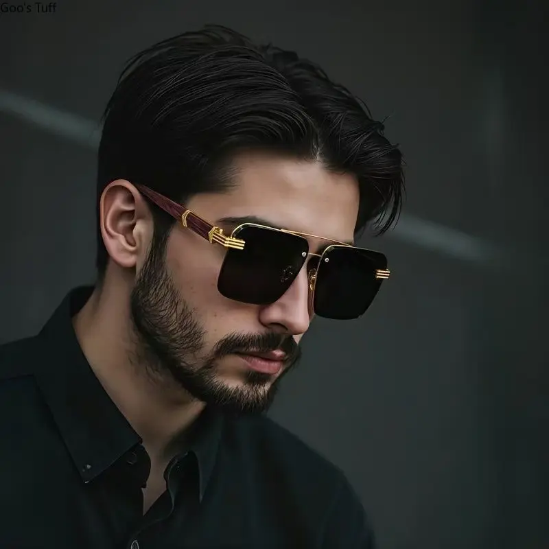 Men's Half-Frame Square Sunglasses, Trendy UV Protection, Diamond Cut, Marble & Wood Grain Temples, Luxury Unique Design for Daily Outdoor Wear