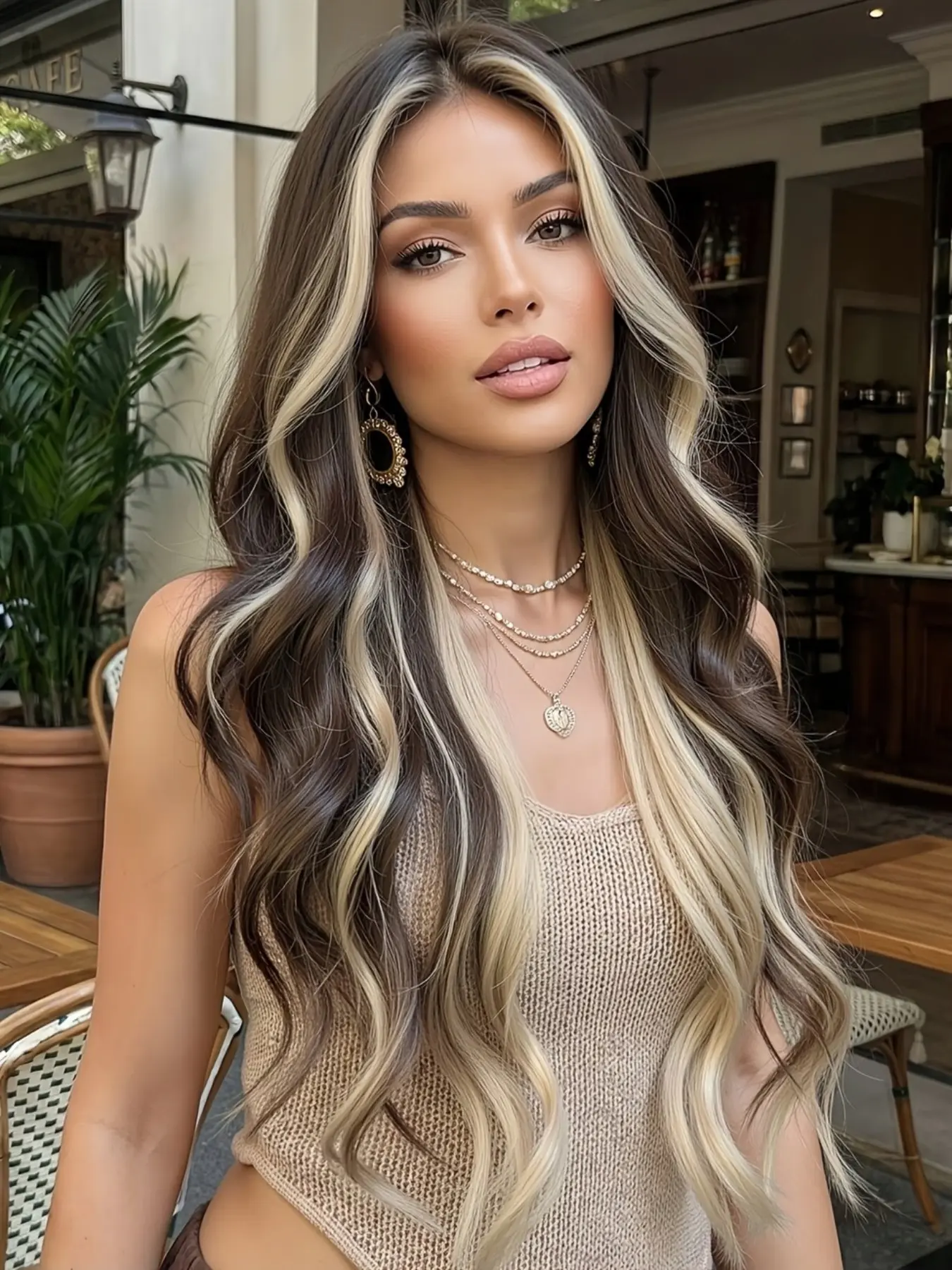 MIXPOP 30 Inch Long Wavy Balayage Wig for Women, Dark Brown Ombre Platinum Blonde Highlight Synthetic Wig, Natural Middle Part Heat Resistant Hair Wig with Money Piece for Daily Use Party Cosplay, Synthetic Hair Wigs