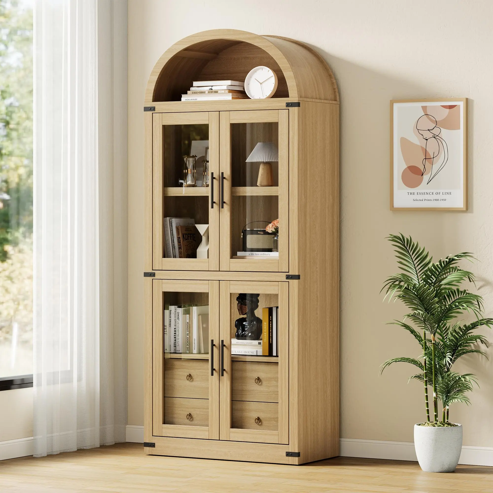 Arched Wooden Bookcase with Glass Doors & Drawers –Modern Farmhouse Display Cabinet – Multi-Purpose Storage Shelves