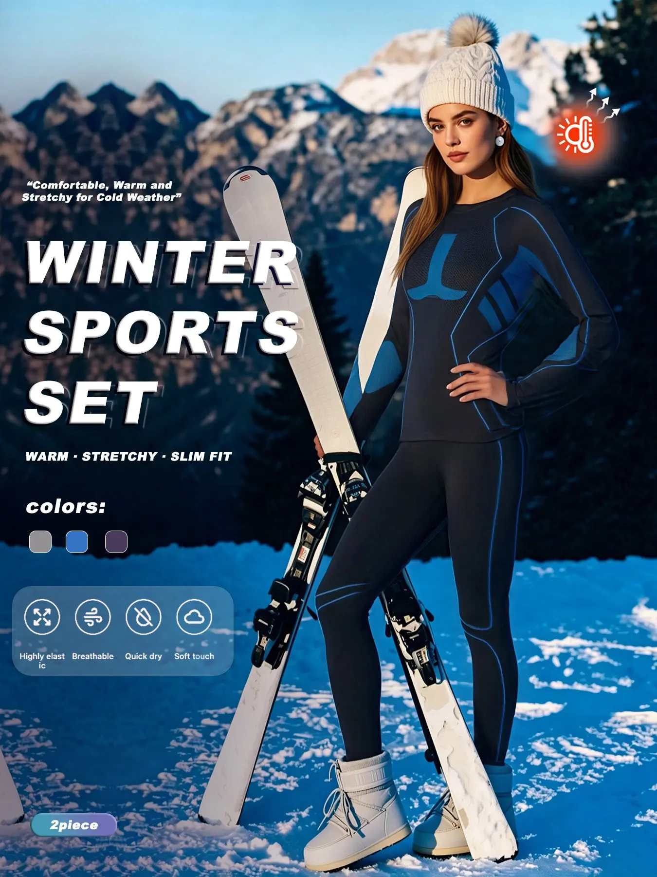 Womens Ski Base Layer Tracksuit 2 Piece Set, Thermal Warm Stretchy Slim Fit Long Sleeve Top & Leggings, Quick Dry Breathable Soft Underlayer Outfit for Winter Snowboarding Outdoor Cold‑Weather Activity