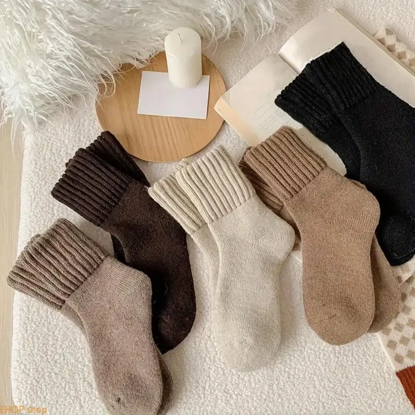 Women's 5-Pack 5 Pairs Mix Color Basic Short Cute Ultra Thick Plain Thermal Ankle Socks, Ribbed Cuff Neutral Tones, Comfortable Warm Cold Weather Indoor Outdoor Sock Set, Everyday