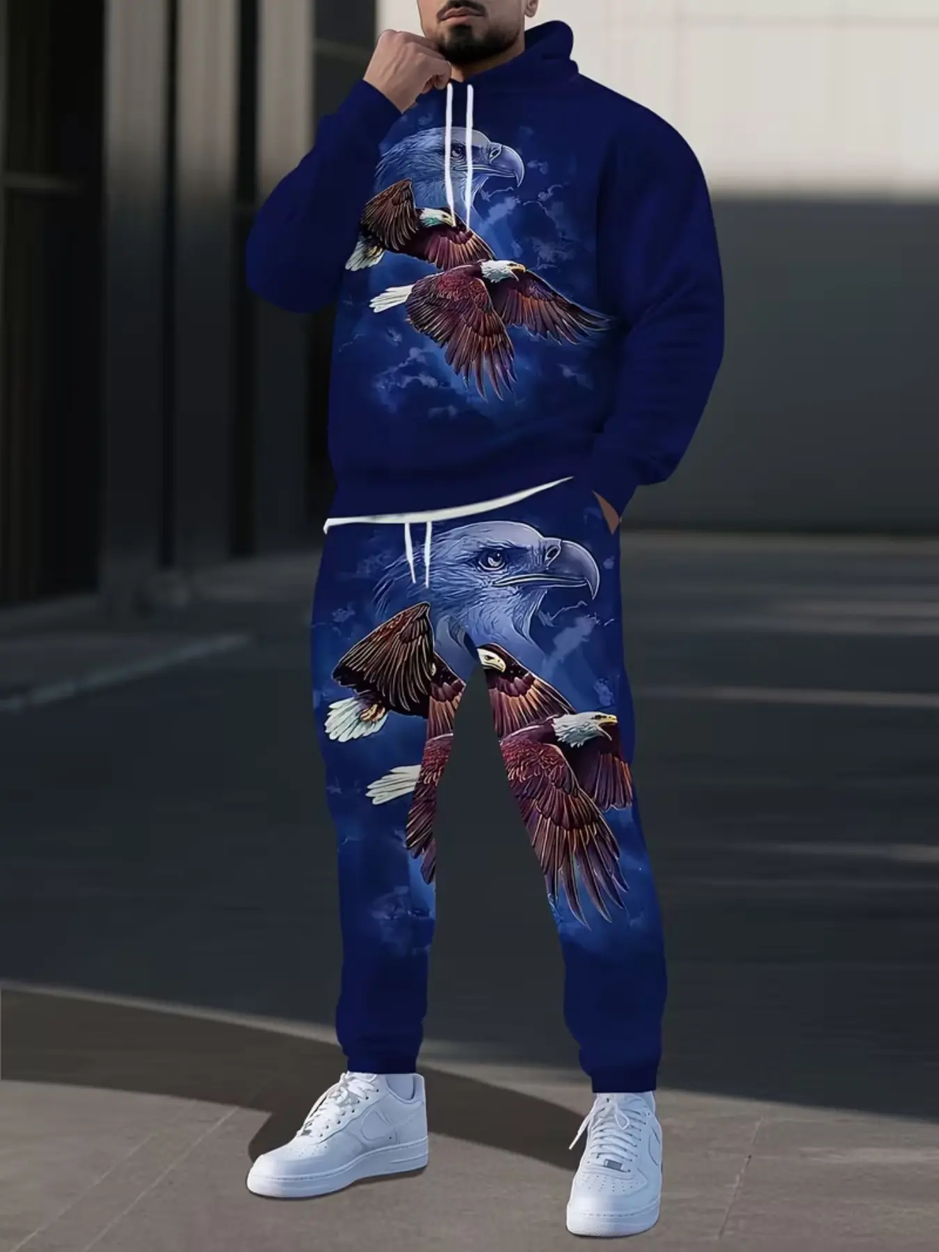 Deep Blue Full-Print Digital Pattern Sportswear Set, Eagle Design Hoodie and Pants, Long Sleeve, Fall & Winter, Unisex Couple
