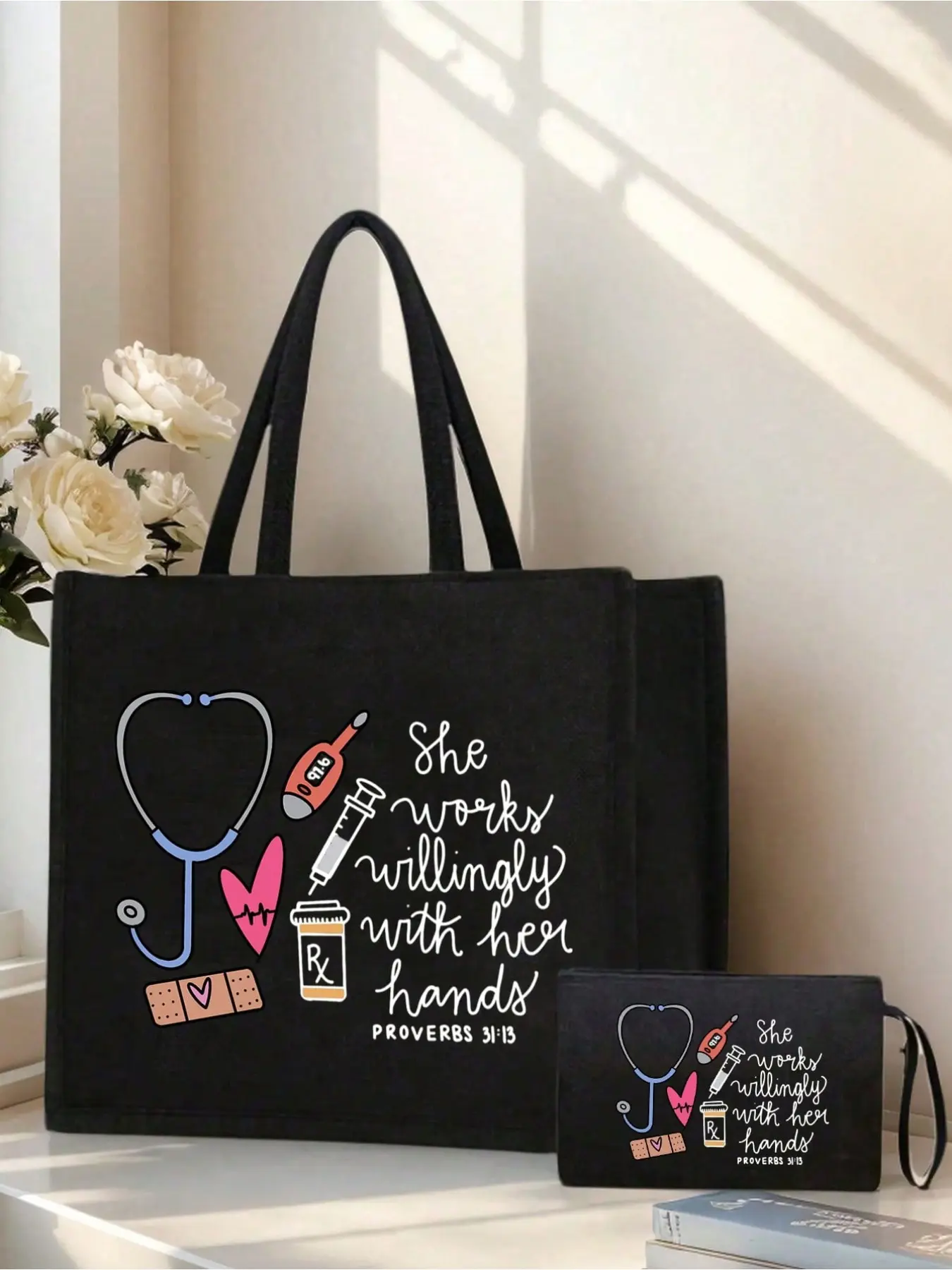 Nurse Themed Tote Bag Set with Makeup Pouch, Fabric Handbag with Fixed Shoulder Strap, Stethoscope Heart Syringe Thermometer Wristband Quote Print for Medical Staff Gift