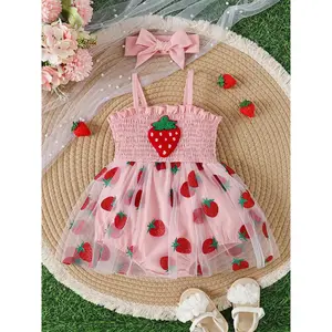 Baby Girls Cute Summer New Strapless Top with 3D Strawberry Decoration, Mesh Strawberry Triangle Tank Top with Headband, Outdoor Sports Romper, Toddler Romper