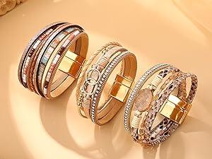 Women’s Leather Wrap Bracelets - Boho Western Cuff Style, Beaded Stackable Design | Gold, Black, Gray Trendy Fashion Accessories Women’s Leather Wrap Bracelets - Boho Western Cuff Style, Beaded Stackable Design | Gold, Black, Gray Trendy Fashion Accessories