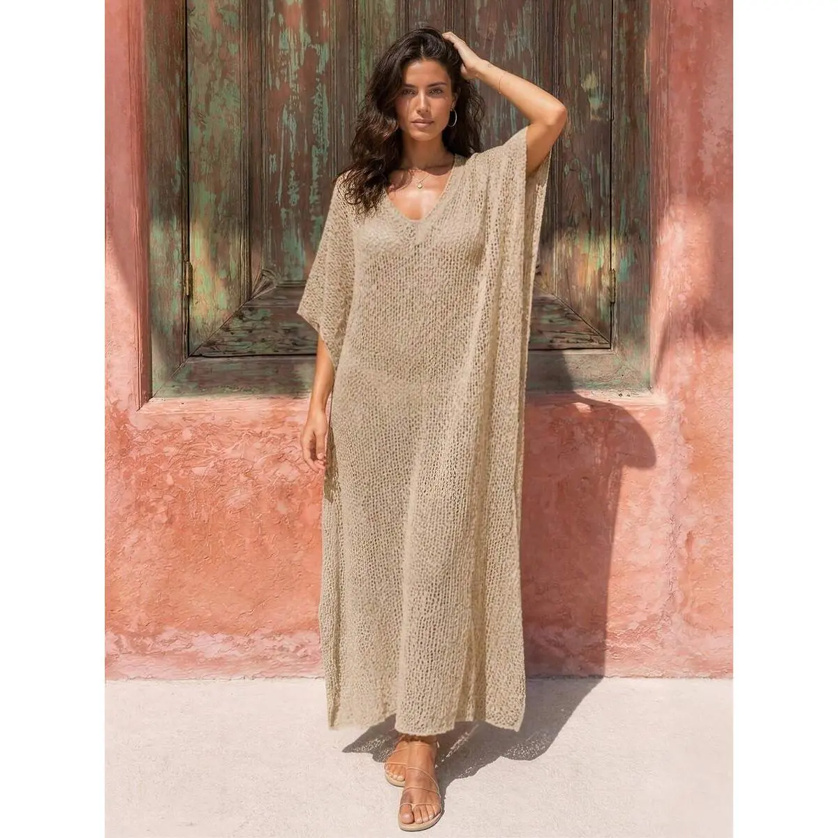 Bohemian Crochet Knit Loose Beach Maxi Dress, Sheer Bikini Cover-Up, 2026 Women's V-Neck Short Sleeve Kaftan Vacation Dress,back,summer