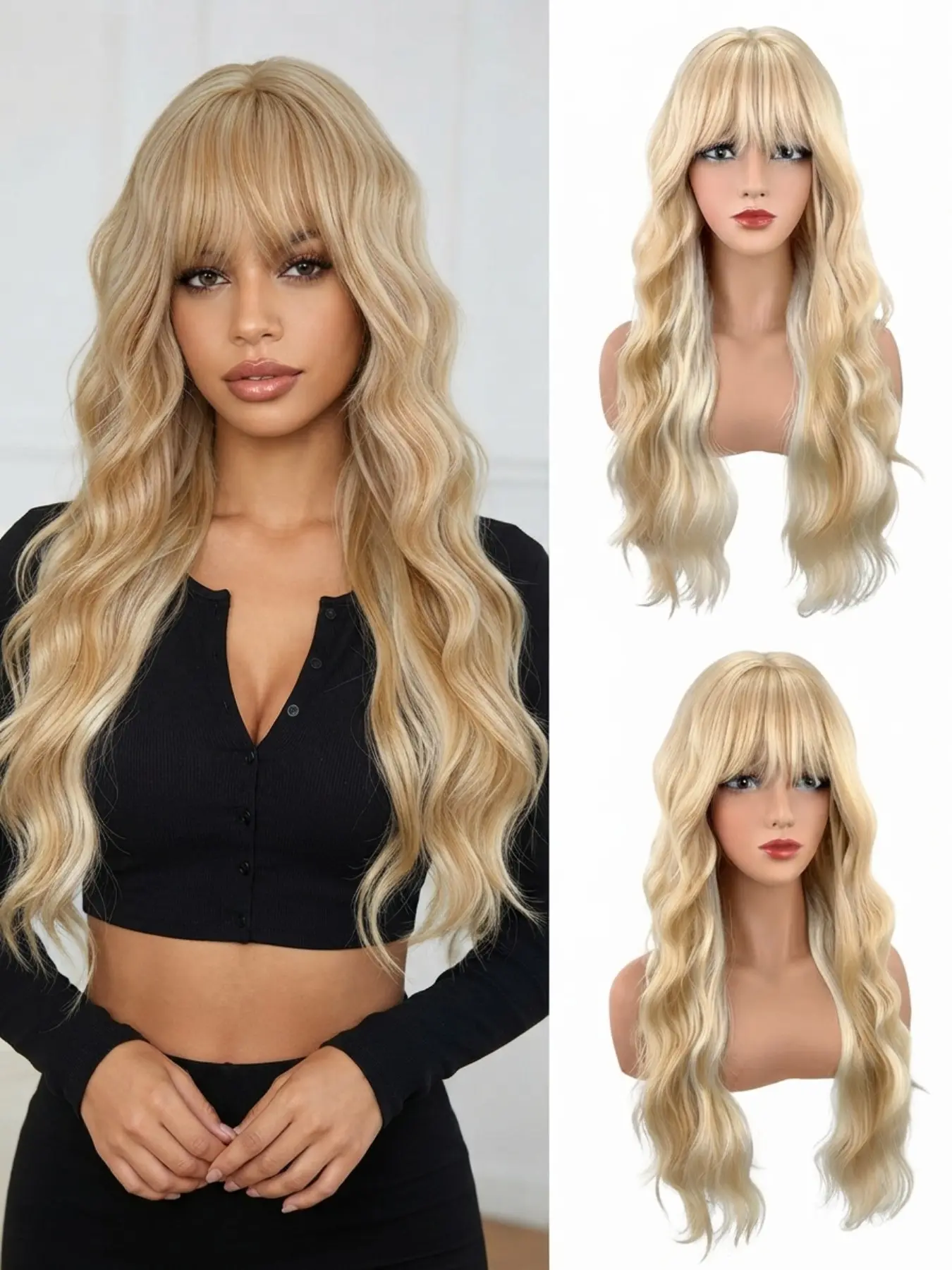 Premium Long Wavy Wig with Bangs, 26 Inch Synthetic Fiber, Soft & Breathable, Tangle-Resistant, Low Maintenance, Realistic Blonde Wig