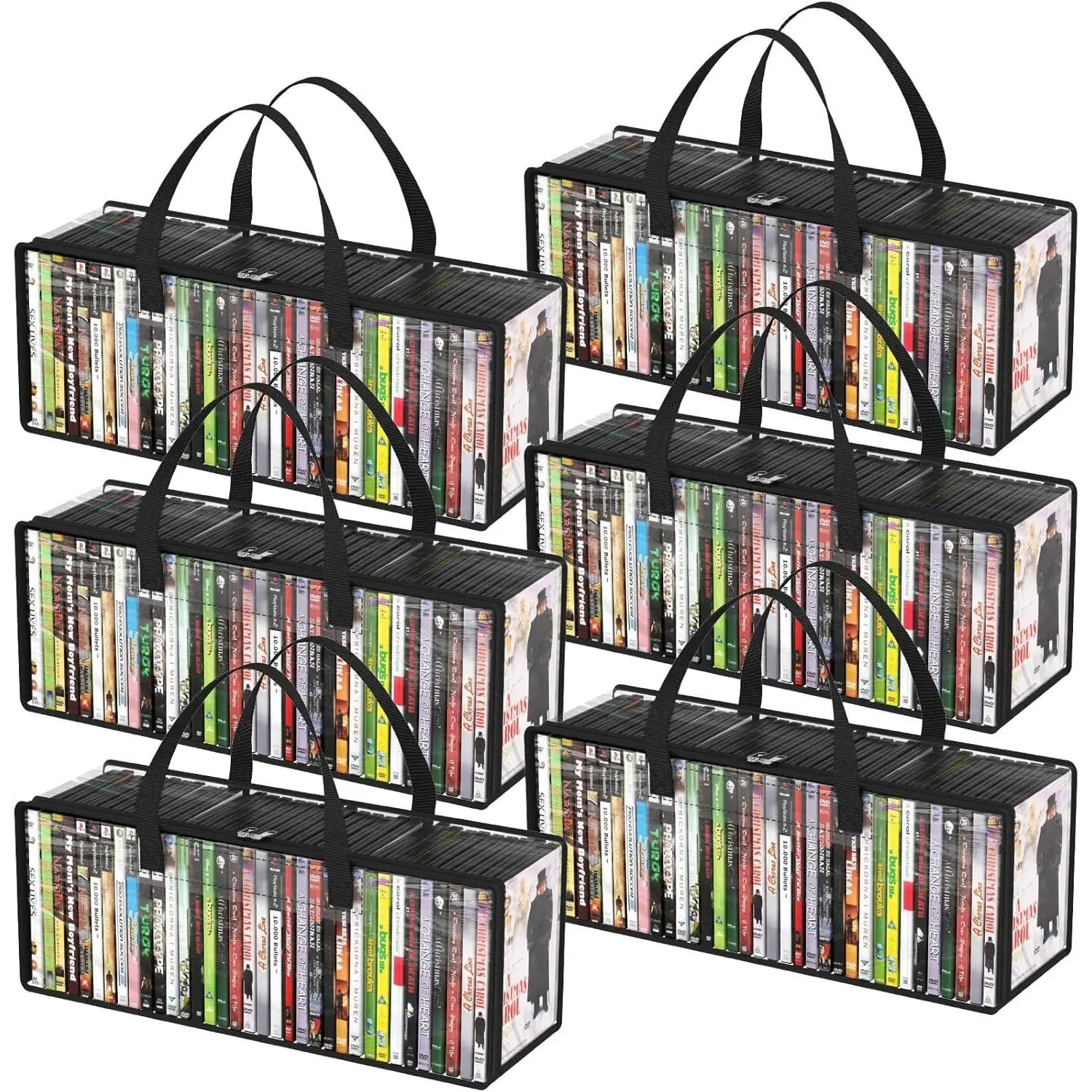 DVD Storage Bags, Clear PVC DVD Case Holder with Handles, Front Window Zipper Design, Stackable Media Organizer for Blu Ray Disc, Movie Cases, VHS Box, Hold 210 Pcs DVDs (35 Each), 6 Pack