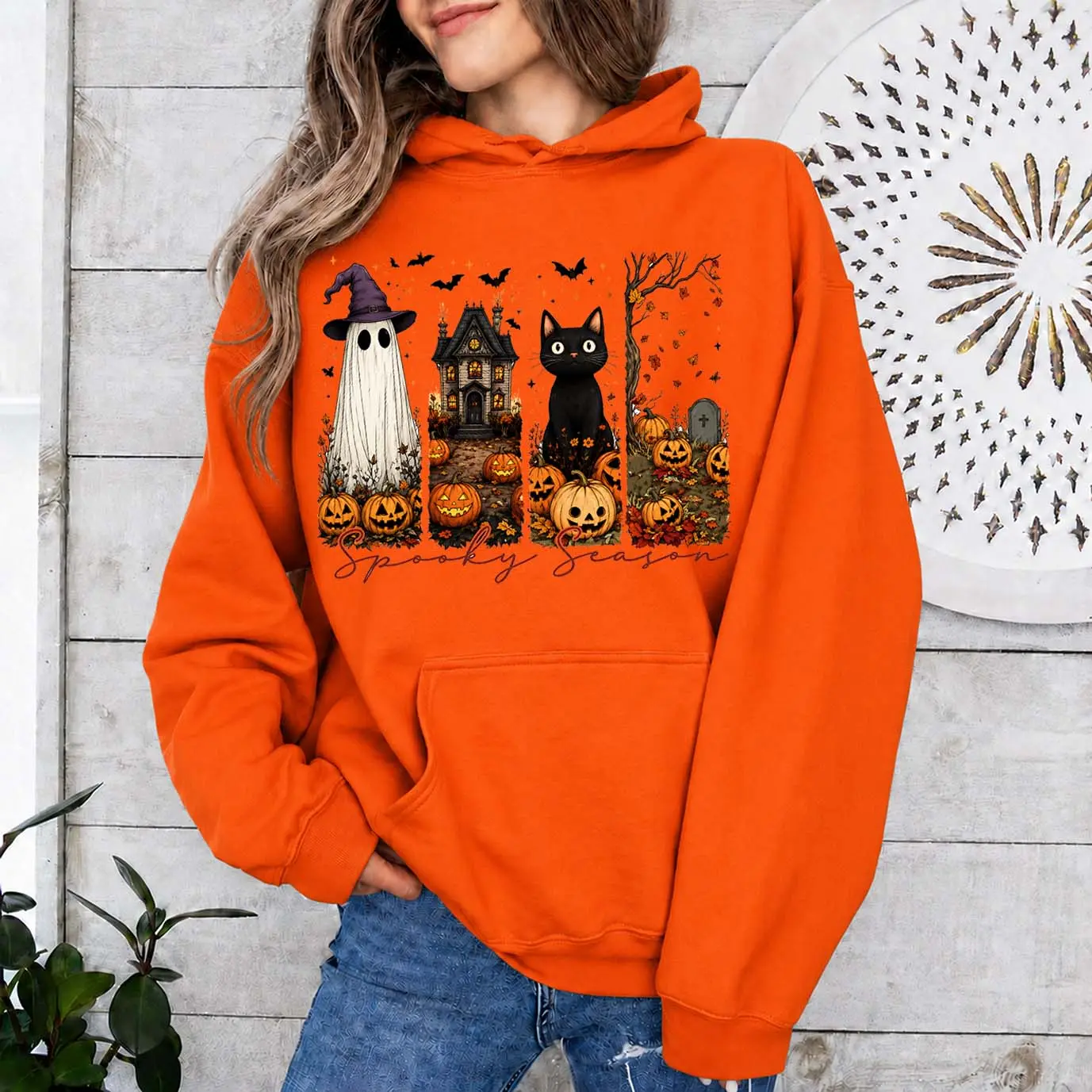 Women’s Spooky Haunted Print Hoodie - Ghost & Black Cat, Pumpkin & Bat Graphics, Cozy Long-Sleeve Fall Pullover with Front Pocket, Relaxed Fit for Halloween Parties & Trick-or-Treat Nights