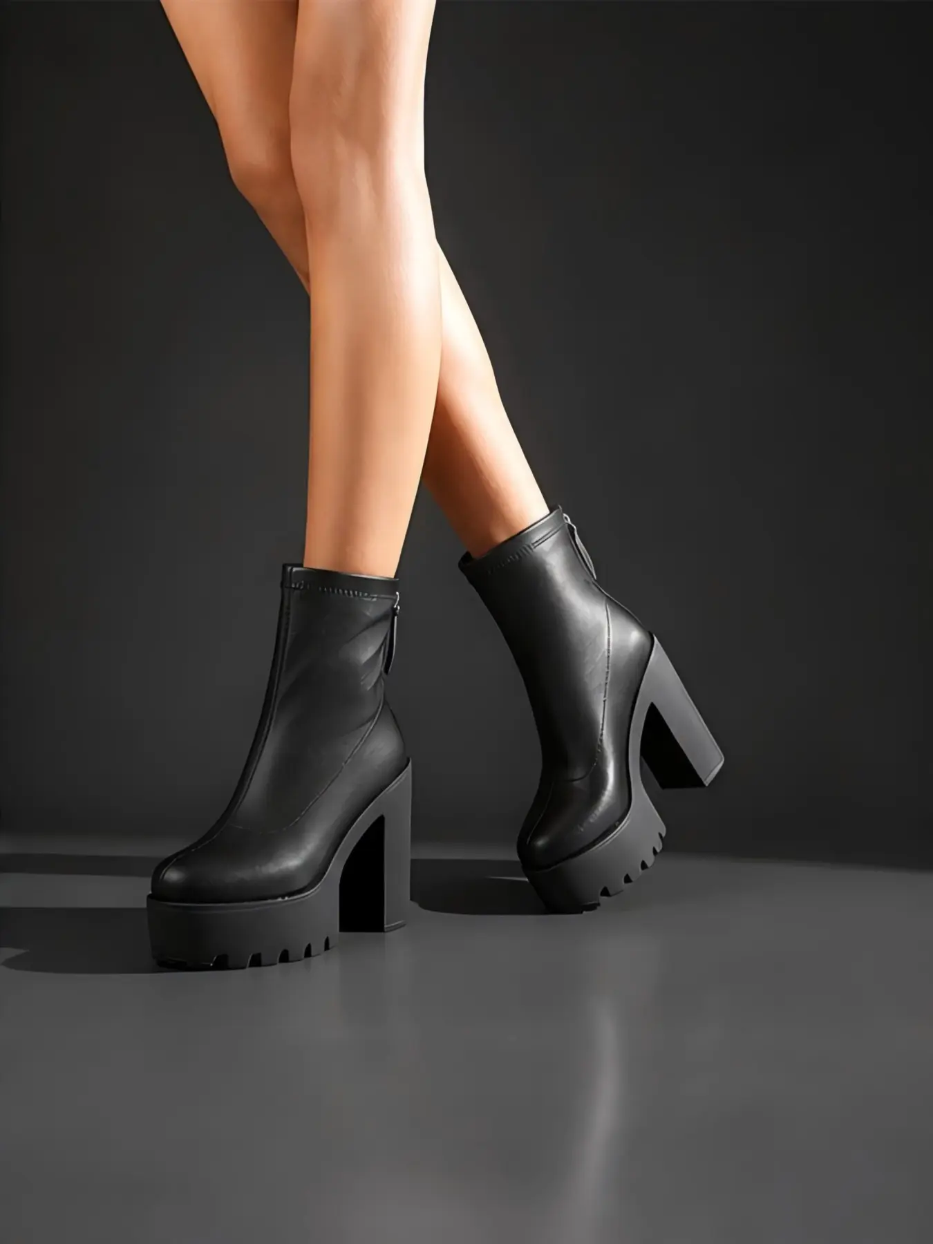 Women's Dark Style Thick Sole Short Boots, Soft Leather Back Zip Round Toe, High Heel Ankle Boots for Fall Winter, Comfortable for Long Walks, Pu Leather Boots