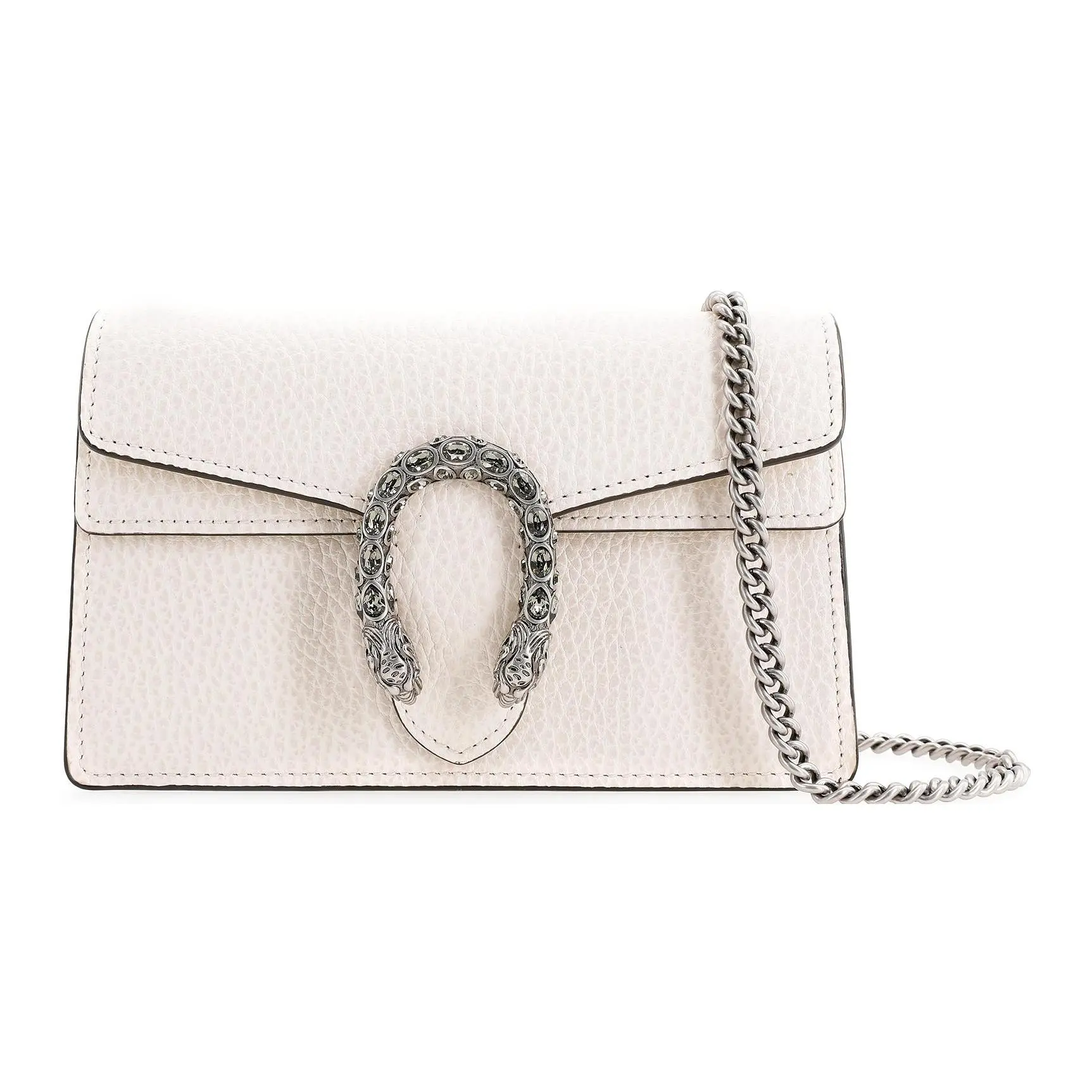 Gucci Dionysus Distressed Diamond Tiger-Head Clasp Chain Strap Leather Flap Bag for Women, Ultra-Mini Crossbody Style in White