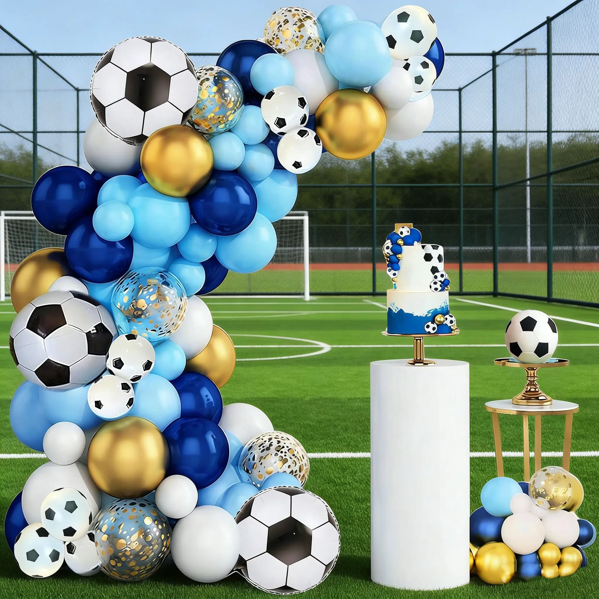 138-Piece Soccer Theme Balloon Arch Set, Balloon Garland, Football Shaped Balloons, Gold, Blue, Glitter, Party Decor, Balloon Decorations, Sports Event Decoration
