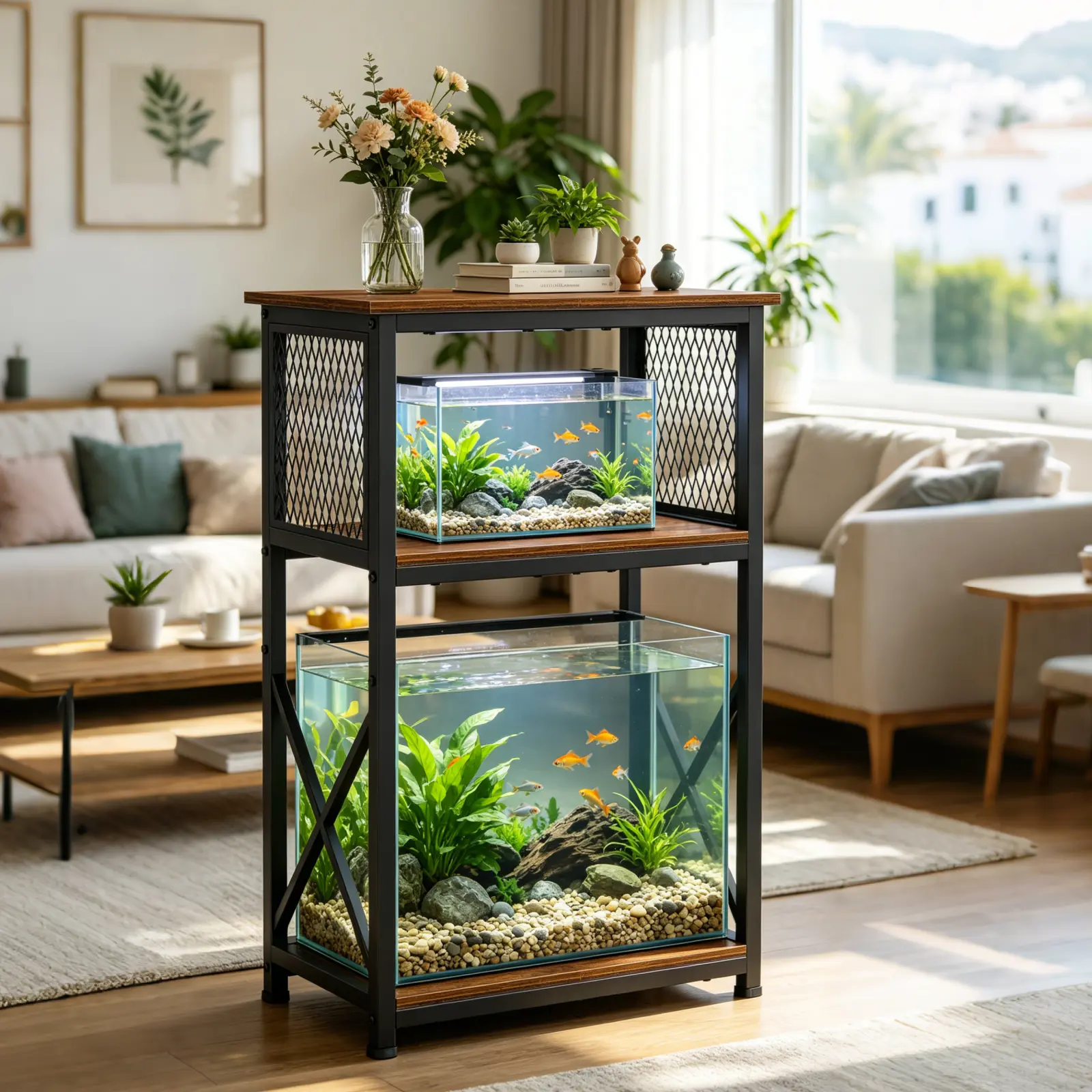 10 Gallon Aquarium Stand, 3-Tier Fish Tank Stand with Storage | Heavy Duty Breeder Turtle Terrarium Stand Rack with 220 lb Top Shelf and Adjustable Feet, Brown, 20.47 x 11.4 x 31.88 In