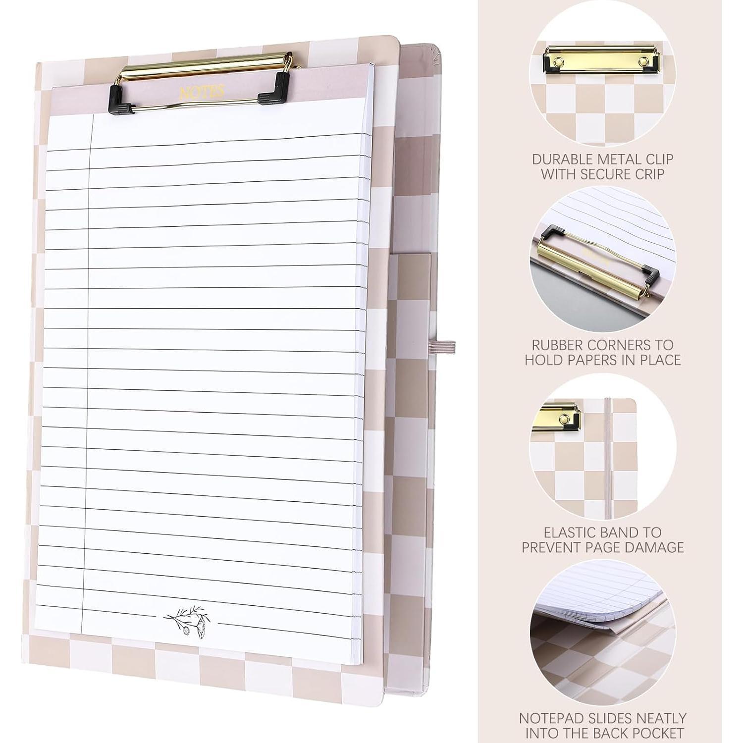 Checkered Clipboard Padfolio with Refillable Lined Notepad and Interior Storage Pocket, Portfolio Folder Organizer Legal Pad Holder for Work Business Office(Brown)