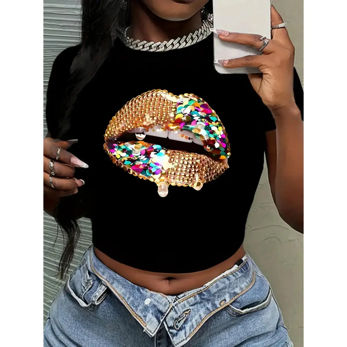 Women's Lip Print Round Neck Tee, Fashion Casual Streetwear Crew Neck Short Sleeve Fit T-shirt for Daily Everyday Holiday Vacation Outdoor Wear, Ladies Clothes for All Seasons Womenswear Top Summer, Casual Summer Tops