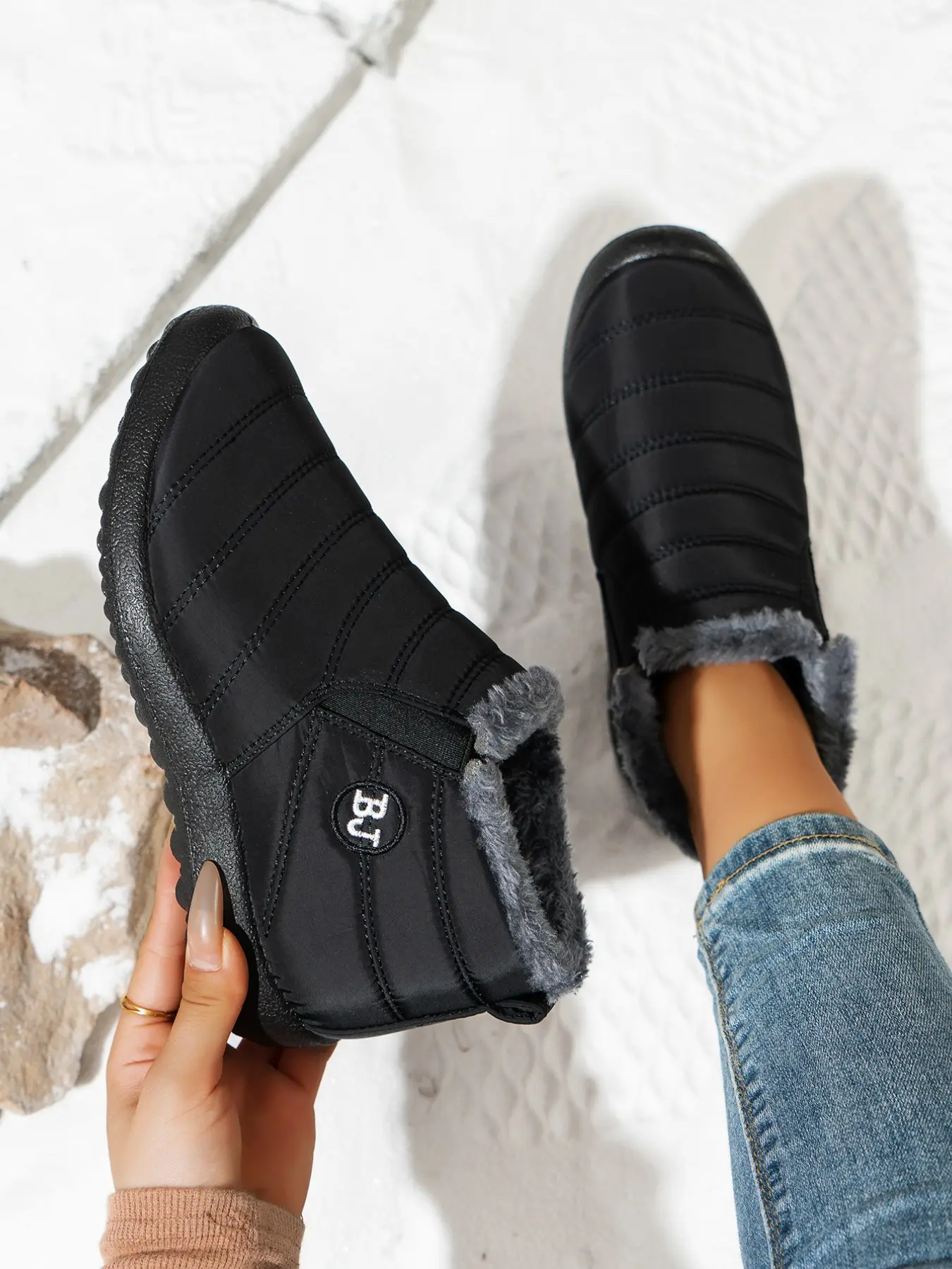 Women's Fleece Lined Slip On Winter Ankle Snow Boots, Slipper Boots, Quilted Padded Outer Cold Weather Booties with Embroidered Logo Patch, Side Elastic Gore and Rugged Serrated Outsoles for Snowfield Trips, Daily Errands