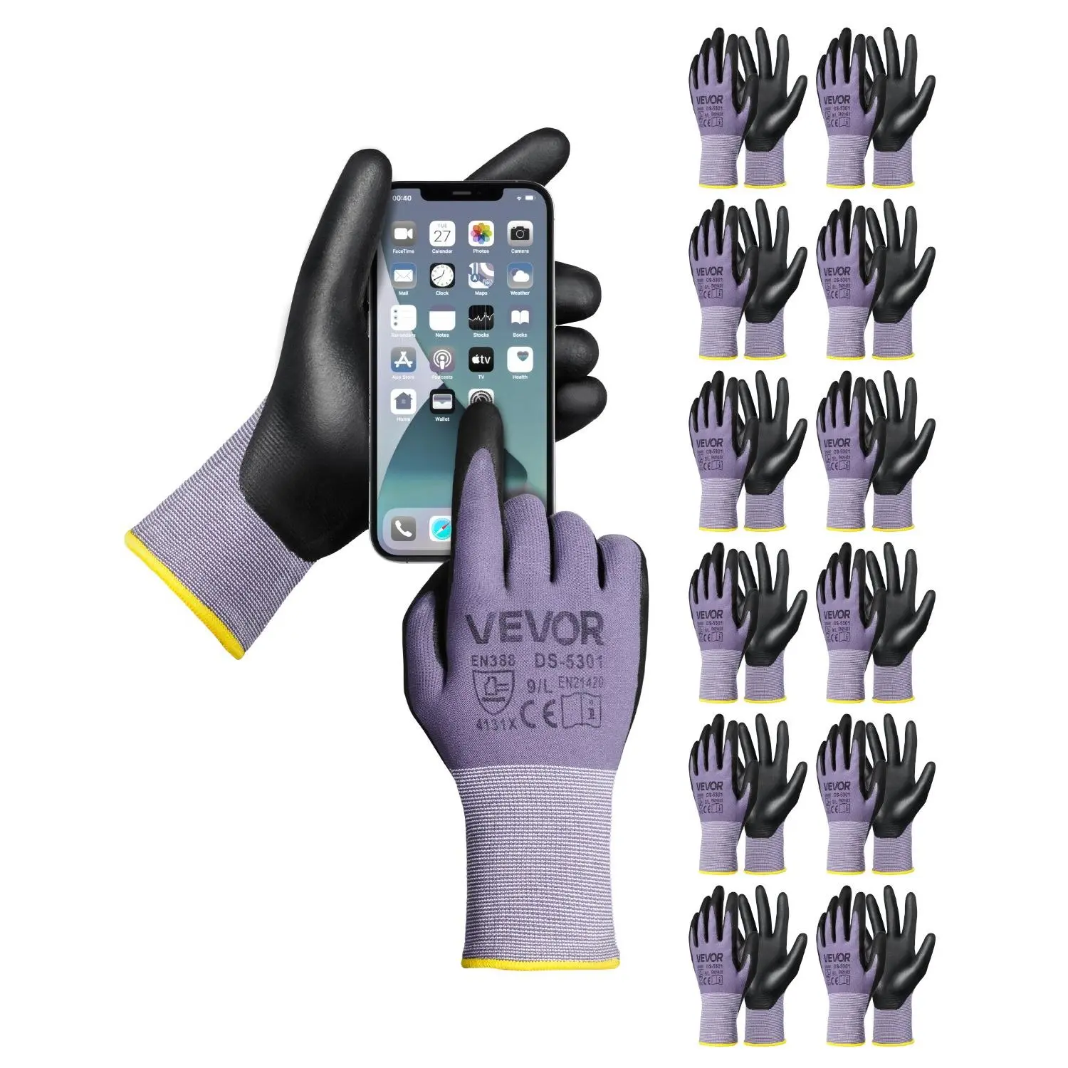 12 Pairs Work Gloves with Conductive Nitrile Coat, for Construction, Mechanical Repair, Oily Surfaces, Touch Screen Compatible