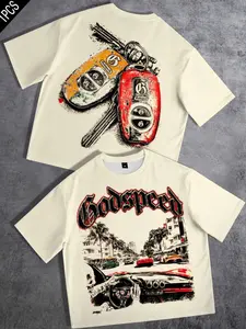 Godspeed Unisex Loose-Fit Crewneck T-Shirt – Featuring Gothic-style typography, a palm-lined street scene, a sports car, and a vintage car key graphic; double-sided print; suitable for casual, streetwear, and sporty styles.