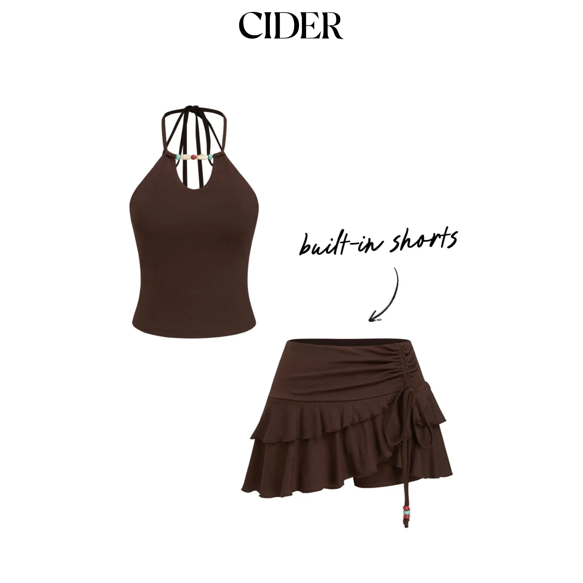 Cider Halter Neckline Beaded Cami Top & Low Rise Drawstring Mini Skort Set SohoChic