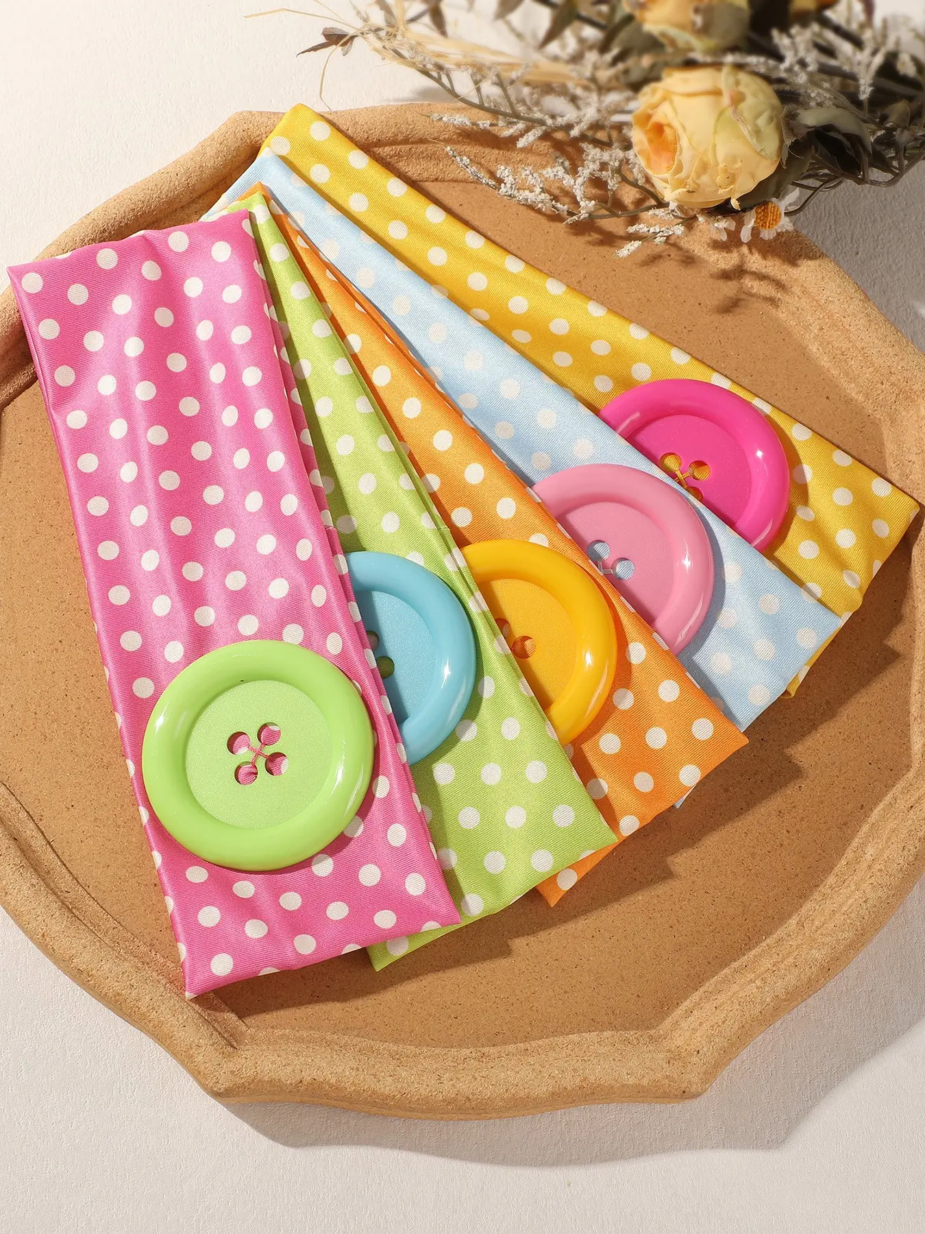 5pcs Polka Dot Button Headbands for Women, Y2K Sweet Style, Sport Fitness Sweatproof, Elastic Comfortable Hair Tie, All Seasons Casual, Stretchy Headbands, Cute Headbands