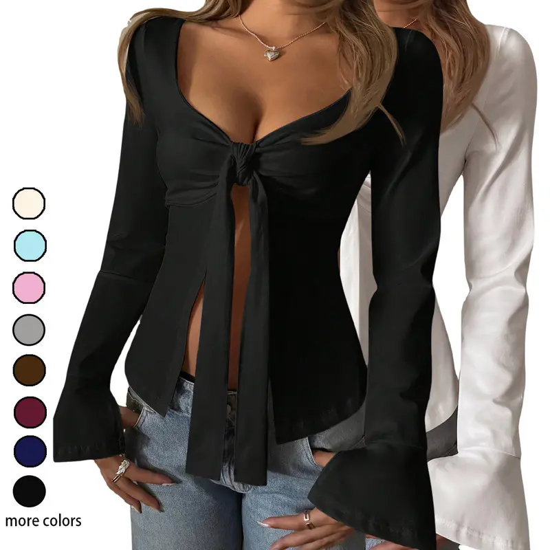 ASANDY Women's 2-Pack Polyester Fitted Deep U-Neck Long-Sleeve Cropped Blouse - Front-Tie, Flared Cuff, Split Hem, Soft Stretchy Fabric, Open Front, Basic Solid, Lightweight, Breathable, Chic Essential Casual Streetwear for Daily, Beach Pair with Jeans