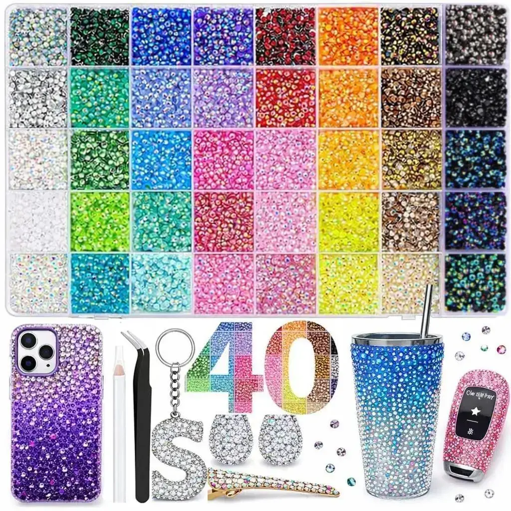 DOMIRE 40 Color with 40000Pcs Jelly Rhinestones synthetic beads With Kit for Bedazzling 3mm Multicolor synthetic beads Resin Flatback beads for Art Bedazzler Kit for Crafting Book Shoes Nail Art Glitter Decorative Nails Glam Pack Glitter graduation gift