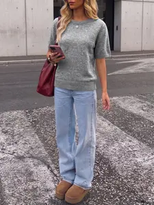 Women's Knitted Top Short Sleeve Round Neck Plain Solid Simple Casual Knit T-Shirt Elegant Basic Sweater Spring Summer Apparel Knitwear