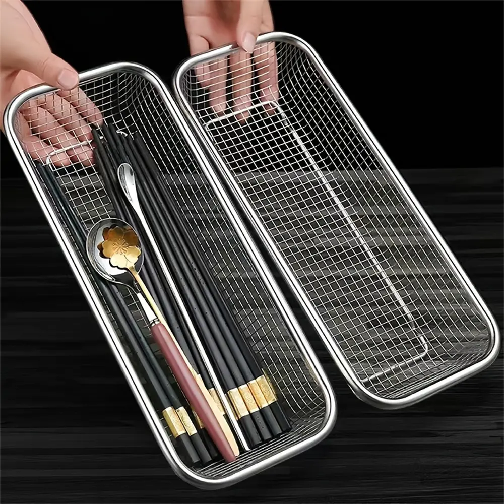 2pcs Chopstick Holder, Dishwasher Cutlery Basket, Stainless Steel Utensil Organizer, Kitchen Counter Drainer, Spoon Fork Knife Storage Tray